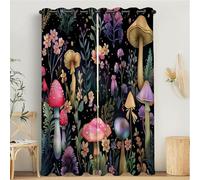 MULERN Rideaux Occultant pour Chambre À Coucher Salon Cuisine, Oeillets Isolation Thermique Rideau Aquarelle, Forêt Champignons Fleurs Sauvages Noir Rideau Fenêtre, 140L X 200H cm, 2 Panneaux
