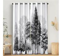 MULERN Rideaux Occultant pour Chambre À Coucher Salon Cuisine, Oeillets Isolation Thermique Rideau Encre Lignes, Forêt Arbres Noir Blanc Rideau Fenêtre, 140L X 175H cm, 2 Panneaux