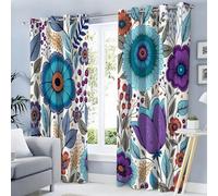 MULERN Rideaux Occultants 3D Fleurs Feuilles Graffiti Imprimé Rideau à Oeillets, Salon Chambre Enfant Décoration de Fenêtre, 132L X 213H cm 2 Panneaux Isolant Thermique Rideaux, Bleu-Violet