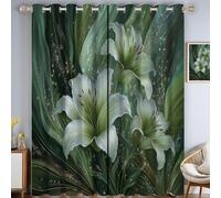 MULERN Rideaux Occultants 3D Lys Diamant Élégant Floral Imprimé Rideau à Oeillets, Salon Chambre Enfant Décoration de Fenêtre, 140L X 240H cm 2 Panneaux Isolant Thermique Rideaux, Vert Argent