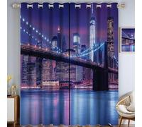 MULERN Rideaux Occultants 3D Pont Vue Nocturne Architecture Imprimé Rideau à Oeillets, Salon Chambre Enfant Décoration de Fenêtre, 140L X 225H cm 2 Panneaux Isolant Thermique Rideaux, Violet
