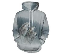 MULERN Sweats à Capuche Gris-Vert Imprimé Faune Sauvage pour Homme et Femme, Pull Surdimensionné, Motif Loups Hurlants dans La Neige Fantaisie Sweat-Shirts Manches Longues Pullover Mode Automne