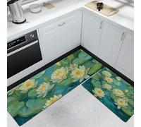 MULERN Tapis de Cuisine 2 Pièces - Tapis de Cuisine en Silicone antidérapant Lavable, Tapis Absorbants Impressionnisme Peinture pour la Salle à Manger l'entrée, 43x75cm+43x150cm, Nymphéas