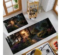 MULERN Tapis de Cuisine 2 Pièces - Tapis de Cuisine en Silicone antidérapant Lavable, Tapis Absorbants Nature Paysage pour la Salle à Manger l'entrée, 50x80cm+50x150cm, Coucher De Soleil Forêt Chemin