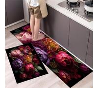 MULERN Tapis de Cuisine antidérapant 2 Pièces, Ensemble de Tapis Photographie Durable et Anti-Fatigue, Lavable pour la Cuisine Salle à Manger Salon, 50x80cm+50x150cm Art De La Superposition De Fleurs