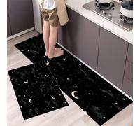MULERN Tapis de Cuisine Mystère 2 Pièces, Ensemble de Tapis Lavable pour Le Sol, Lune Étoiles 40x60cm+40x120cm Cuisinette de Sol antidérapant pour la Buanderie et Le Couloir