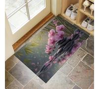 MULERN Tapis d'entrée d'intérieur, Bambouseraie Orchidées Pierres Lavable Rose Vert de 40x60cm avec Dos Antidérapant, Imprimé Élégance Plantes, Paillasson Fin Super Doux pour Cuisine, Entrée, Chambre