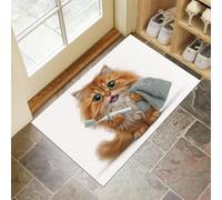 MULERN Tapis d'entrée d'intérieur, Brosse À Dents Serviette Chat Lavable Orange de 80x120cm avec Dos Antidérapant, Imprimé Mignon, Paillasson Fin Super Doux pour Cuisine, Entrée, Chambre