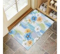 MULERN Tapis d'entrée d'intérieur, Motifs Floraux Dessinés La Main Lavable Bleu Blanc de 50x80cm avec Dos Antidérapant, Imprimé Simple Élégant, Paillasson Fin Super Doux pour Cuisine, Entrée, Chambre