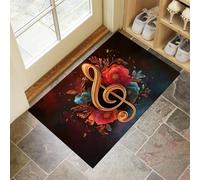 MULERN Tapis d'entrée d'intérieur, Notes De Musique Fleurs Lavable Couleurs mélangées de 80x120cm avec Dos Antidérapant, Imprimé Esthétique, Paillasson Fin Super Doux pour Cuisine, Entrée, Chambre