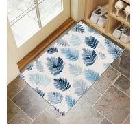 MULERN Tapis d'entrée d'intérieur, Plantes Feuilles De Fougère Lavable Bleu de 40x60cm avec Dos Antidérapant, Imprimé Aquarelle, Paillasson Fin Super Doux pour Cuisine, Entrée, Chambre
