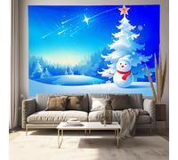 MULERN Tapisserie Murale 150x100cm, Tapisseries Noël Art, Couverture Tenture Murale Bonhomme Neige Arbres Étoiles Filantes Bleu, Tapisserie de Literie Tissu Suspendue pour Décoration Chambre Salon