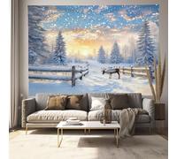 MULERN Tapisserie Murale Coucher Soleil Clôture Arbre, Hiver Scène Neige Bleu Tapisserie Tenture Murale, Tissu Imprimé Art Décoration d'intérieur pour Chambre Salon Collège Dortoir,(230x150cm)