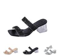 Mules à paillettes à bout ouvert pour femme - Sandales d'été à bout ouvert - À enfiler - À talons épais - Chaussures de fête de mariage pour femme, Noir , 0 UK