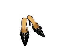 Mules à Talon Femme Été, Pantoufles Escarpins, Chaussures Ete à Talon Fin, Sabots Pointus, Mule Chausson | Cuir Effet Daim, Bout Pointu Fermé, Nœud Lacé, Œillets Métalliques, Soirée Ville Bureau