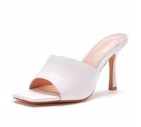 Mules à Talons Aiguilles pour Femmes, Sandales Ouvertes à Bout carré, Escarpins Confortables à Talons Bas, Chaussures de Danse Sexy pour soirée, Bal de Promo,Blanc,38 EU
