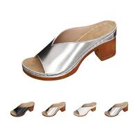 Mules à talons pour femme - Sandales d'été confortables - Respirantes - En cuir synthétique - Style bohème - En liège - Sandales à talon bloc - Sandales tendance - Semelle fixe, argenté, 37 EU