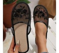 Mules brodées pour femmes, mocassins plats respirants sans dos, sandales d'intérieur/extérieur élégantes et décontractées, noir CN36,CN37,CN38,CN39,CN40,CN41PlantesPolyester