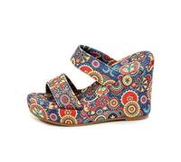 Mules compensée Double Bride bohème Mandala Femme, Bout Ouvert Enfiler