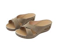 Mules compensées à bride croisée pour femme - Bout ouvert - Confortables - Pour l'été, la marche, le shopping, les vacances, kaki, 38 EU