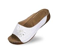 Mules compensées élégantes pour femmes en cuir avec motif floral découpé chaussons confortables à bout ouvert pour un style décontracté et plein de caractère (White, 42) #74