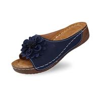 Mules compensées élégantes pour femmes en cuir avec motif floral découpé chaussons confortables à bout ouvert pour un style décontracté et plein de caractère (Navy, 37)
