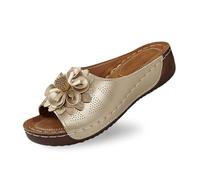 Mules compensées élégantes pour femmes en cuir avec motif floral découpé chaussons confortables à bout ouvert pour un style décontracté et plein de caractère (Gold, 36) #73