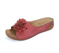 Mules compensées élégantes pour femmes en cuir avec motif floral découpé chaussons confortables à bout ouvert pour un style décontracté et plein de caractère (Red, 37)