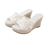 Mules compensées larges pour femme, sandales à plateforme à bout ouvert respirantes avec applique florale, coussin confortable, semelle texturée antidérapante, chaussures pour rendez-vous galant, fête