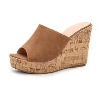 Mules Compensées Plateforme 11cm Femme Bout Ouvert Slip on Sandales Talons d'Été de Mode pour Soirée Romantique et Voyage de Vacances Tige Finition Souple,Marron,40 EU