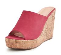 Mules Compensées Plateforme 11cm Femme Bout Ouvert Slip on Sandales Talons d'Été de Mode pour Soirée Romantique et Voyage de Vacances Tige Finition Souple,Rouge,43 EU