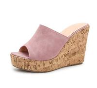 Mules Compensées Plateforme 11cm Femme Bout Ouvert Slip on Sandales Talons d'Été de Mode pour Soirée Romantique et Voyage de Vacances Tige Finition Souple,Rose,43 EU