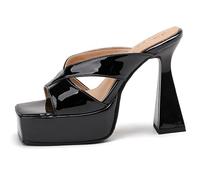 Mules Défilé Minimalistes Bretelles Croisées Plateforme Femme 12CM Haut Talon Épais Carré Bout Ouvert à Enfiler Sandales pour Séance Photo Éditoriale et Événement Scénique,Noir,43 EU