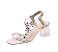Mules d'été pour femme - Mode printemps - Sandales à talon haut - Strass - Fleurs - Décontractées - Campus - Pour femme, beige, 38 EU