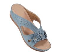 Mules d'été pour femme - Talon compensé - Sandales d'été à fleurs - Chaussures de sport bohème - Sandales de plage - Bout ouvert - Pantoufles basses - Antidérapantes - En maille perforée, bleu, 39 EU
