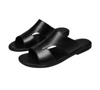 Mules en cuir pour homme - Pantoufles plates à bout ouvert - Respirantes - Slip-On avec dessus en cuir - Chaussures de loisirs légères - Pieds larges - Sandales d'extérieur - Loisirs, Noir , 44 EU