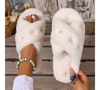 Mules femme brodées avec nœud, chaussons d'intérieur moelleux pour toutes les saisons, mules plates à une bride pour femmes, chaussons d'intérieur CN36-37,CN38-39,CN40-41Motif texturéÉtoffe