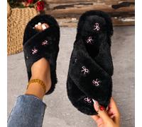 Mules femme brodées avec nœud, chaussons d'intérieur moelleux pour toutes les saisons, mules plates à une bride pour femme, chaussons d'intérieur CN36-37,CN38-39,CN40-41Motif texturéÉtoffe