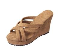 Mules Femme Compensees Chaussures Semelle Epaisse Claquette Plateforme Bout Ouvert Été Sandales De Plage Talons Compensée Haut Tongs Pantoufles Slip-on Enfiler Grande Taille (Kaki,38)