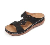 Mules Femme D'Été en Cuir PU Décor De Fleur en 3D Élégantes Claquettes Confortables Talon Compensé Et Semelle Épaisse À Amorti Sandales Décontractées Respirantes Chic Chaussures De Plage