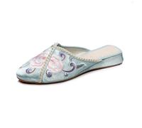 Mules Plates Brodées De Fleurs De Style Ancien Chinois, Pantoufles Décontractées En Satin À Bout Pointu De Style Ethnique, Chaussures Confortables Et Antidérapantes Pour Femmes Été 2024(Color:Green,Si