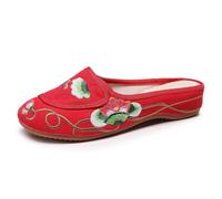 Mules Plates Style Chinois Rétro À Fleurs Brodées Chaussures Cheongsam Élégantes pour Femme Chaussons Fermés, Légers Et Confortables Chaussons D'intérieur Antidérapants(Rouge,36 EU)