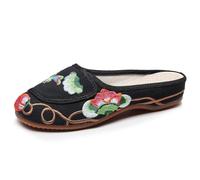 Mules Plates Style Chinois Rétro À Fleurs Brodées Chaussures Cheongsam Élégantes pour Femme Chaussons Fermés, Légers Et Confortables Chaussons D'intérieur Antidérapants(Black,36 EU)