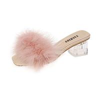 Mules pour femme avec talon en peluche, sandales pour femme, claquettes transparentes à l'arrière, claquettes ouvertes pour chambre à coucher, claquettes confortables, semelle fixe, sandales