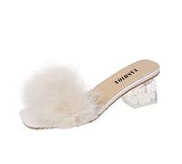 Mules pour femme avec talon en peluche, sandales pour femme, claquettes transparentes à l'arrière, claquettes ouvertes pour chambre à coucher, claquettes confortables, semelle fixe, sandales