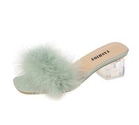Mules pour femme avec talon en peluche, sandales pour femme, claquettes transparentes à l'arrière, claquettes ouvertes pour chambre à coucher, claquettes confortables, semelle fixe, sandales