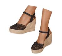 Mules pour femme - Espadrilles d'été - Sandales compensées avec talon compensé fermé - Respirantes et confortables - Sandales de plage élégantes - Sandales d'été bohème, O Noir., 38 EU