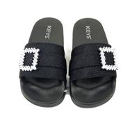 Mules pour Femme Plat- KEYS - Textile Noir - Boucle Bijou 40