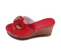 Mules Sandales Femme Été Confortable Cuir Claquettes Compensées Bout Ouvert avec Large Bride Appliqué Fleur en Relief Dessus Uni Plateforme Épaisse et Semelle Compensée Mode Sortie Vacances Été