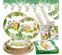 MULEVIP 135 PCS Party Vaisselle, Jungle Animaux Vaisselle Anniversaire de Fête, Anniversaire Garçon Assiette Serviettes pour Enfants Party Mariages Baby Shower